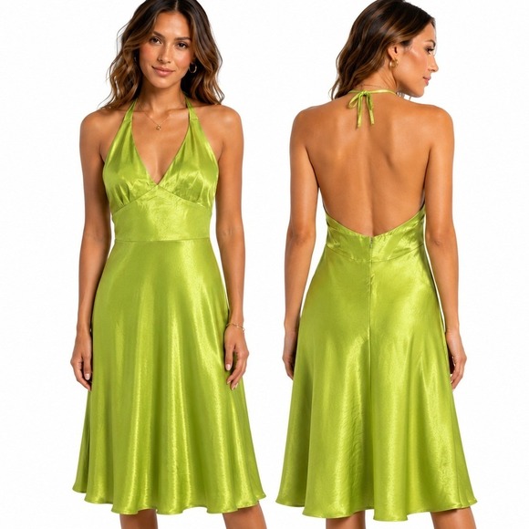 Kathlin Argiro Dresses & Skirts - Kathlin Argiro Lime Green Halter Dress 8 Open Back Formal Party Wedding Guest